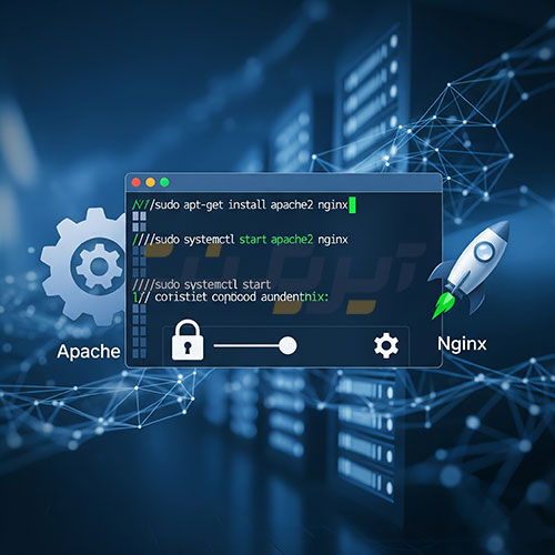 اینفوگرافیک مقایسه Apache و Nginx روی VPS لینوکس شامل مراحل راه‌اندازی، پیکربندی PHP-FPM، SSL و نکات بهینه‌سازی