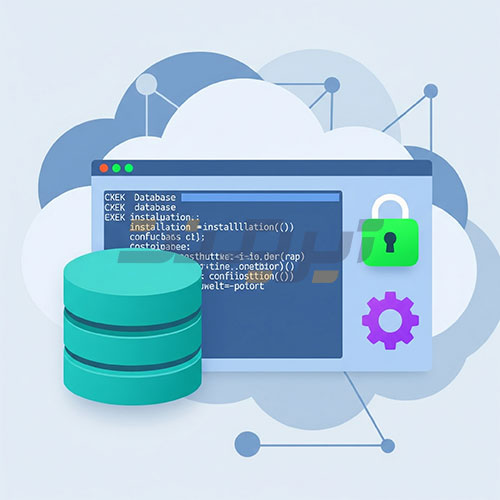 تصویر نصب و پیکربندی دیتابیس روی VPS شامل لوگوهای MySQL و PostgreSQL، دستورات ترمینال و نمادهای امنیت و بکاپ