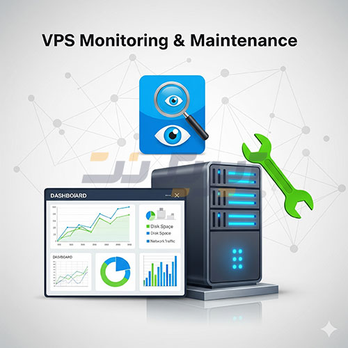 تصویر مانیتورینگ و نگهداری VPS شامل رک‌های سرور، داشبورد مانیتورینگ CPU و رم، آیکون دیتابیس، بکاپ ابری و هشدارها