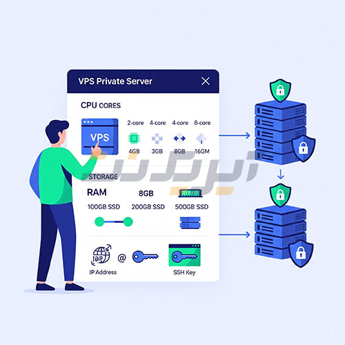 تصویر فرآیند تهیه VPS شامل انتخاب پلن با منابع CPU، رم و فضای ذخیره‌سازی به همراه آیکون IP و کلید SSH